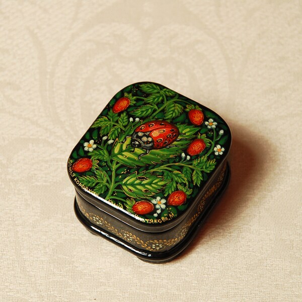 Russian lacquer box Ladybug Russian small hand-painted ring box Nature Kholui folk Art