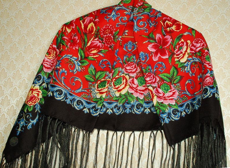 Russian Wool Shawl Floral pattern Women white beige square ...