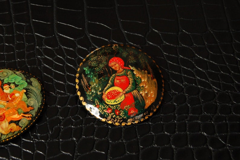 Russian lacquer brooch vintage handpainted fairy tales Etsy