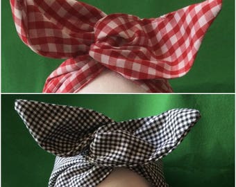 Gingham 50's Vintage Head Scarf/Wire Head Wrap/Retro/Rockabilly/Pinup/Hair band/Dolly Bow/Red/Blue/Reversible/Bandana/Wire Head band/Turban