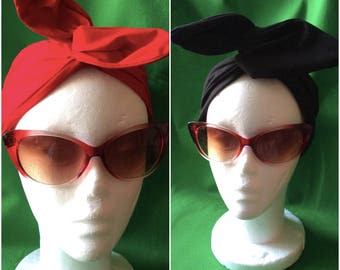 50's Vintage Head Scarf/Wire Head Wrap/Retro/Rockabilly/Pinup/Hair band/Dolly Bow/Red/Black/Reversible/Scarf/Bandana/Wire Head band/Turban