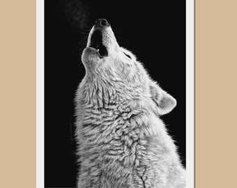 Tirages d’art de loup hurlant - Tailles A3, A4, A5 - Loup blanc - Dessin numérique - Art animalier - Cadeau amoureux du loup