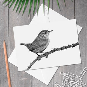 A5 Grußkarte Zaunkönig, Handgezeichnete Vogel Kunst Karte, Karte für jede Gelegenheit für Vogelliebhaber, Britische Gartenvögel (troglodytes troglodytes)