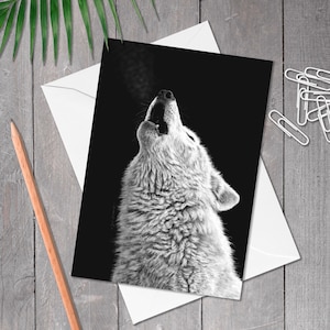 A5 Geburtstagskarte mit heuchelndem Wolf, Geburtstagskarte mit weißem Wolf, Handgezeichnete Wildtierkunst, Jede Anlasskarte für Wildtierliebhaber, Wolfliebhaberkarte