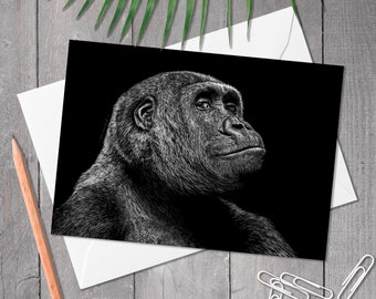 Gorilla greeting card, Animal art illustration card, Gorilla drawing birthday card, Blank thank you, anniversary, wedding card