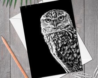 Owl card, A5 greeting card, Burrowing owl illustration notecard, animal art birthday, thank you, anniversary, wedding card
