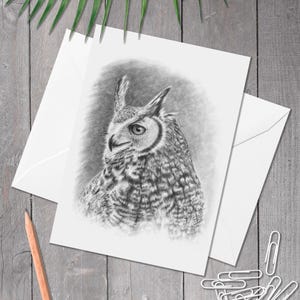 A5 Carte de voeux hibou grand duc, carte d'anniversaire hibou, art oiseau de proie, dessinée à la main, toutes les occasions, merci, anniversaire, carte d'amant de hibou