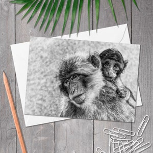 A5 Geburtstagskarte mit Affen, Mutter & Baby Karte, Affe, Geburtstagskarte, Handgezeichnete Wildtierkunst, Jede Anlasskarte für Wildtierliebhaber