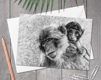 Macaque greeting card, A5 card, Monkey art, Wildlife art card, Birthday, thank you, anniversary, wedding card