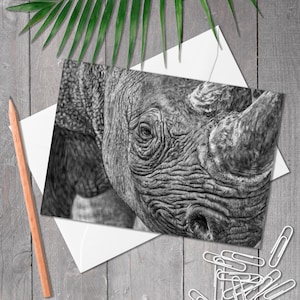 A5 Grußkarte Nashorn, Geburtstagskarte Nashorn, Handgezeichnete Wildtierkunst, Jede Anlasskarte für Wildtierliebhaber