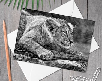 Lion cub card, A5 lion greeting card, Big cat illustration notecard, Animal art card, Birthday, thank you, anniversary, wedding card