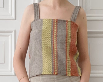 Handwoven top dyed with botanical dyes. Unique crop top with straps made with natural wool yarn and dyed with plants, made on a floor loom.