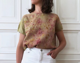 Plant-dyed linen top / Bloom - naturally dyed handmade box T-shirt, made with stonewashed linen