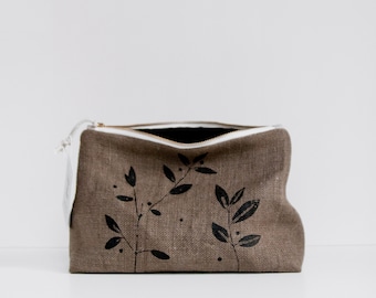 Linen toiletry bag in Taupe, screen printed - the most ecological, 100% natural, organic cosmetic pouch lined with beeswaxed cotton, GOTS