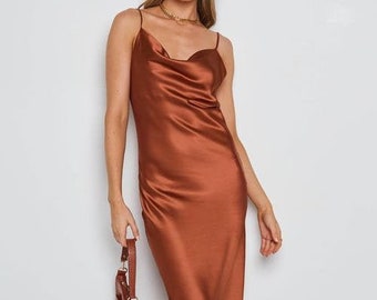 Rust color satin dress bridesmaid dress, Wedding dress, long dress, custom dress, Bridesmaid dresses, midi dress, summer dress, slip dress