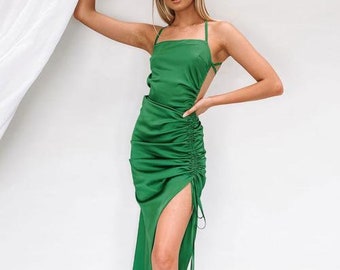 dark green satin bridesmaid dress, slip dress, wedding dress, bridesmaid dresses, wedding dresses, long dress, spaghetti dress, halter neck