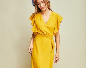 yellow silk wrap dress Big sale - OFF 76%