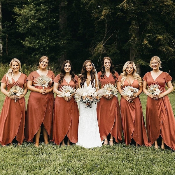 Rust color satin bridesmaid dress, wedding dress, bridesmaid dresses, custom dress, long dress, wrapdress, wrapdresses, summer dress