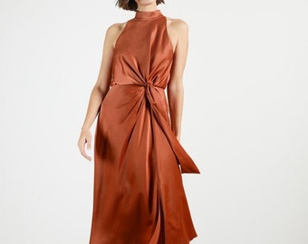 rust color satin bridesmaid dress, wedding dress, bridesmaid dresses, custom dress, long dress, midi dress, halter neck, summer dress