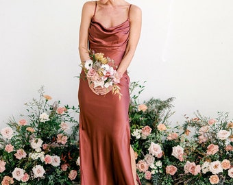 rust satin midi dress