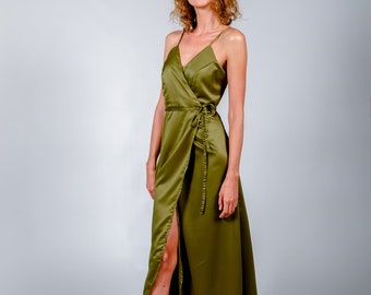 Olive color satin bridesmaid dress, wedding dress, bridesmaid dresses, custom dress, long dress, wrap dress, wrap dresses, summer dress