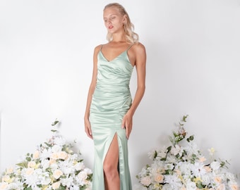 Pale green color satin bridesmaid dress, slip dress, wedding dress, bridesmaid dresses, wedding dresses, long dress, spaghetti dress, maxi