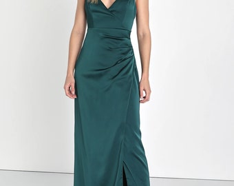 Emerald satin bridesmaid dress, wedding dress, bridesmaid dresses, wedding dresses, long dress, slip dress, spaghetti dress, Faux wrap dress