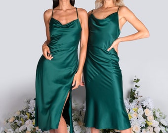Dark green satin bridesmaid dress, slip dress, wedding dress, bridesmaid dresses, wedding dresses, long dress, spaghetti dress, midi dress