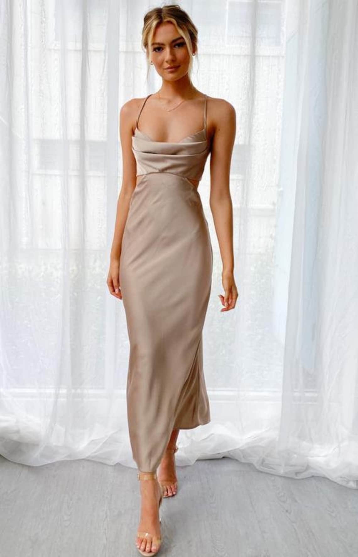 Beige Color Satin Dress Bridesmaid Dress Wrap Dress Wedding - Etsy