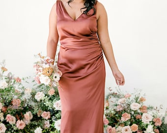 rust color satin bridesmaid dress, slip dress, wedding dress, bridesmaid dresses, wedding dresses, long dress, spaghetti dress, halter neck