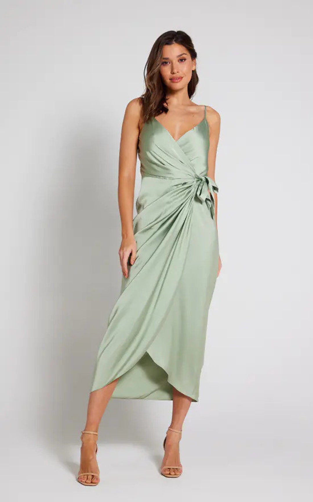 Sage Satin Bridesmaid Dress, Wedding Dress, Wrap Dress, Wedding Dresses ...