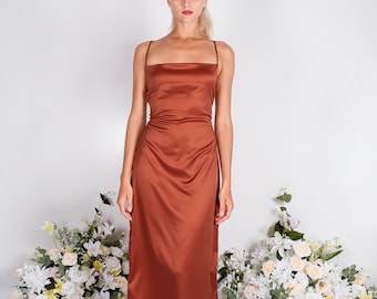 Rust color satin dress, Wedding dress, Bridesmaid dresses, summer dress, custom dress, long dress, bridesmaid dress, open back , square neck