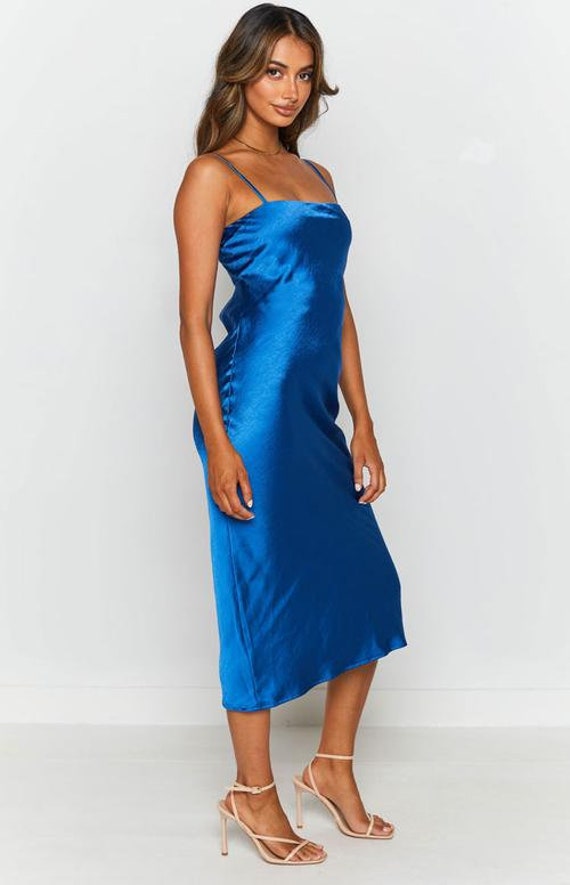 Blauwe kleur satijnen jurk Bruidsmeisjesjurk trouwjurk lange - Etsy België