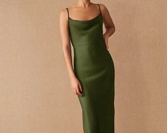 Olive satin bridesmaid dress, wedding dress, bridesmaid dresses, wedding dresses, long dress, slip dress, spaghetti dress, halter neck dress