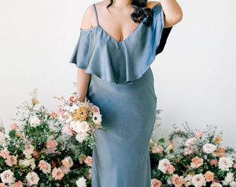 blue grey satin bridesmaid dress, slip dress, wedding dress, bridesmaid dresses, wedding dresses, long dress, spaghetti dress, ruffles dress