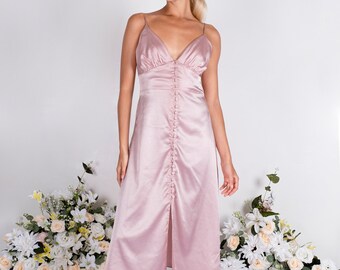 pink color satin bridesmaid dress, wedding dress, bridesmaid dresses, custom dress, long dress, button dress, summer dress , midi dress