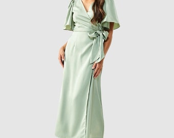 Sage color satin bridesmaid dress, wedding dress, bridesmaid dresses, custom dress, long dress, wrap dress, wrap dresses, summer dress