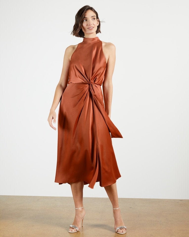 Rust satin cheap midi dress