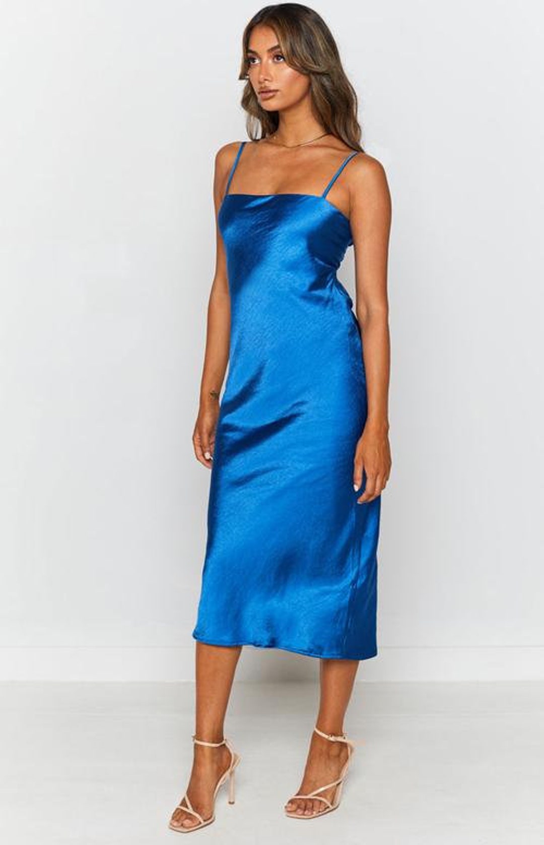Blauwe kleur satijnen jurk bruidsmeisje jurk Trouwjurk lange - Etsy België