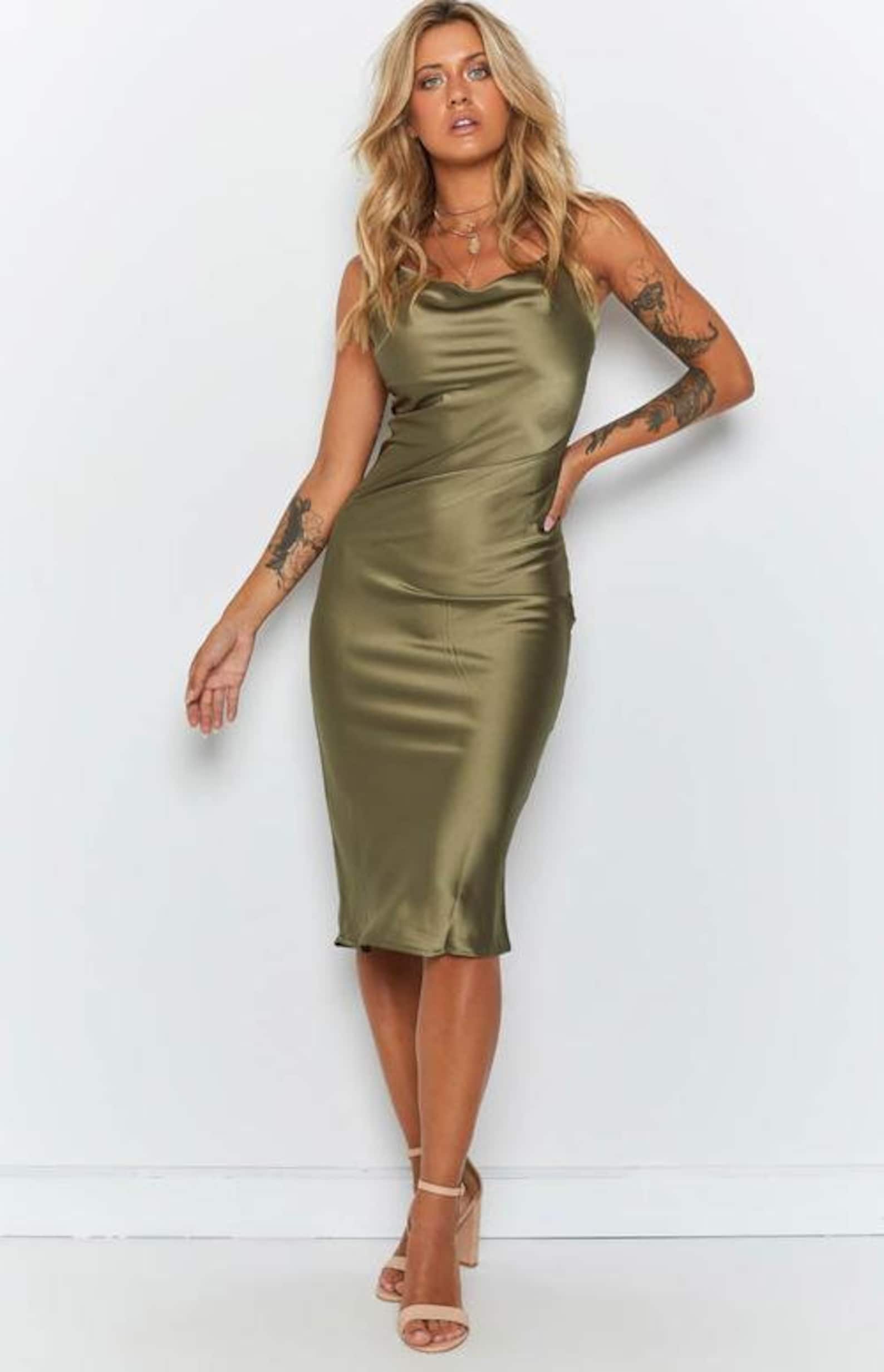 Olive satin dress bridesmaid dress Wedding dress long dress | Etsy