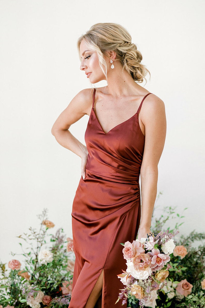 Rust Color Satin Bridesmaid Dress Slip Dress Wedding Dress Etsy