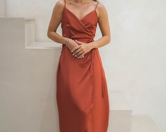 Rust color satin bridesmaid dress, wedding dress, bridesmaid dresses, custom dress, long dress, wrapdress, wrapdresses, summer dress