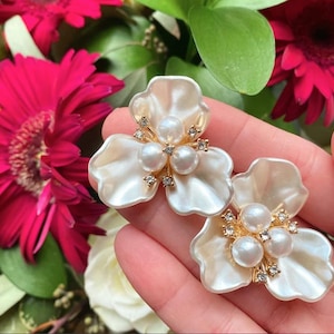 Pearl Statement Earrings Flower Stud Gold Design Bridal Set Bridesmaid Gift Wedding Piece Acrylic White Pearl Accent Gold Post Flower Trim