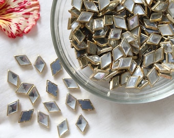 14 X 9 MM- 50 pcs, 100 pcs Diamond(White Color) FlatBack Glue on Kundan Stone Framed in Brass Bezel