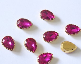 15 Pieces Fuschia Pink Color(12x18MM) Tear Shape Sew on Glass Crystal Stone/Sew On Rhinestone With Lace Claw-Catcher Made of Brass 12x 18 MM