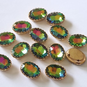 15 Pieces Green AB Color (12x18MM) Sew on Glass Crystal Stone/Sew On Rhinestone With Lace Claw-Catcher Made of Brass