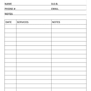 May include: A white Client Profile form with black text. The form includes fields for Name, Phone #, Email, D.O.B., and Notes. Below are sections for Date, Services, and Notes, with lined spaces for entries.