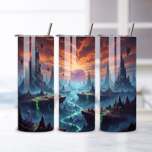 May include: Three stainless steel tumblers with a fantasy landscape design. The artwork features a vibrant sunset, floating islands, and glowing green rivers. Each tumbler has a silver straw and lid.