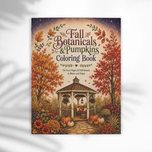 May include: A colouring book titled Fall Botanicals & Pumpkins Coloring Book with 24 Cozy Pages of Fall Beauty to Relax and Enjoy. The cover features a gazebo surrounded by autumn trees, colourful flowers, and pumpkins under a starry night sky.