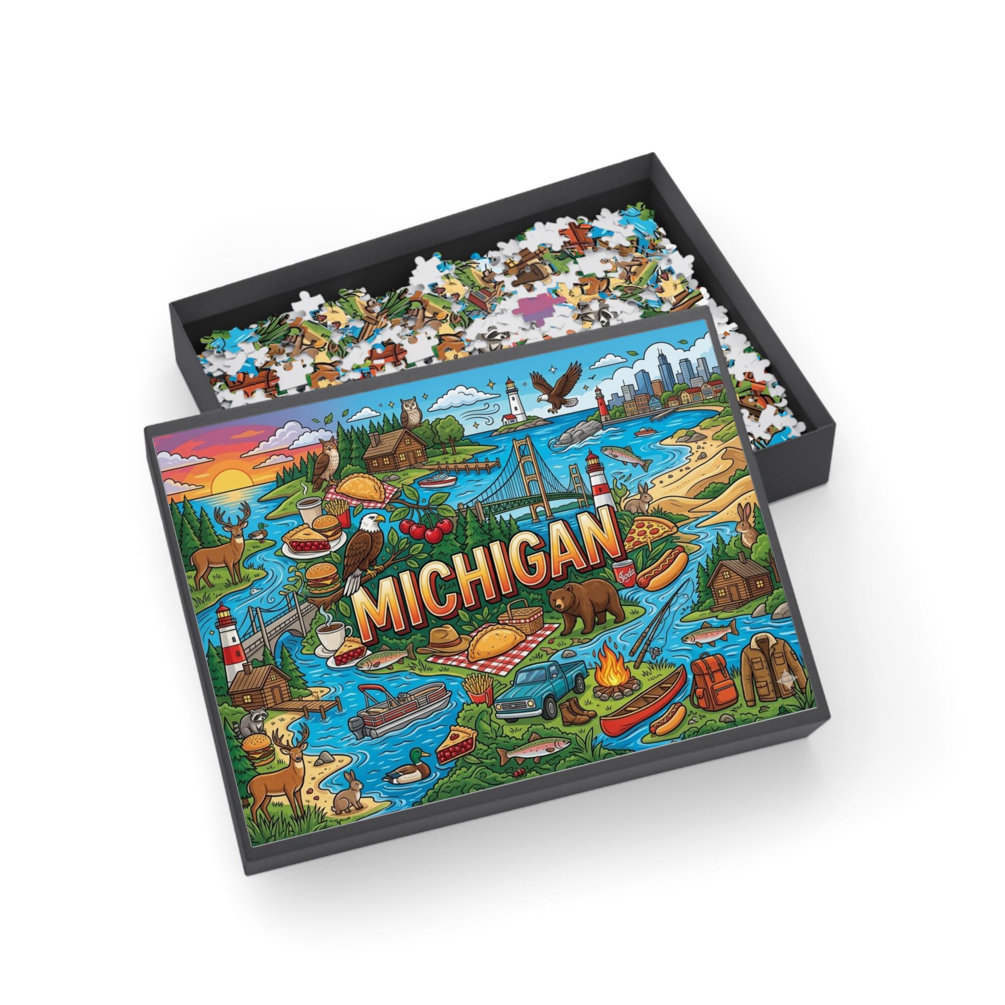 Michigan Icon Set Michigan Jigsaw Puzzle, State Icons Scenic Illustration, 50 States ...